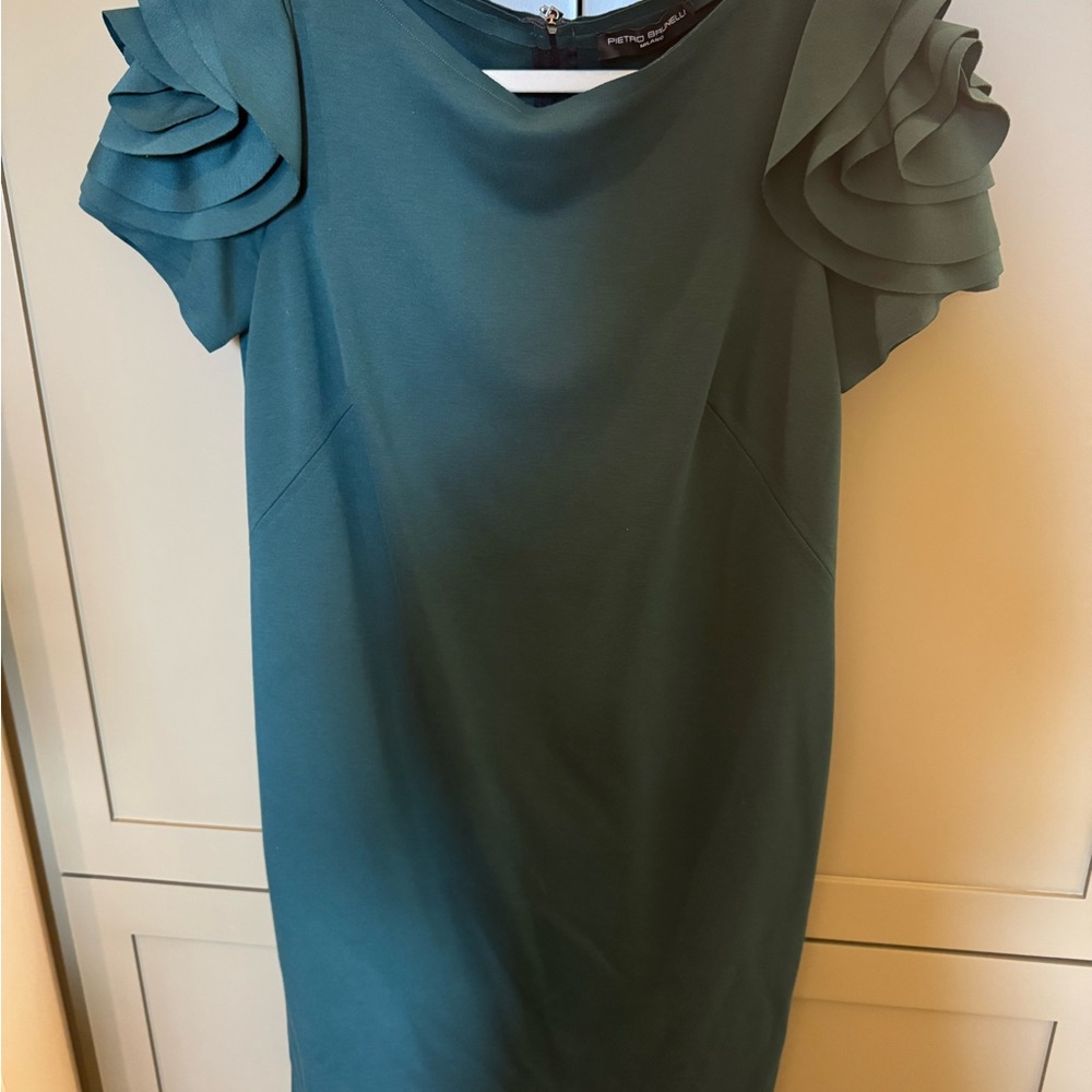 Elegant Maternity Teal Ruffle Sleeve Dress